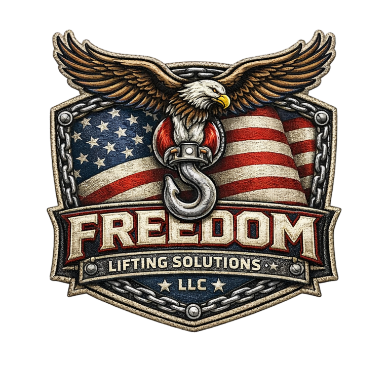 Freedom Lifting Solutions patch: a bald eagle over an American flag, holding a crane hook